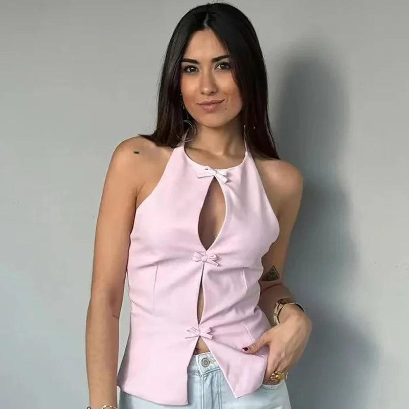 Women Fashion Bow Solid Halter Tops Women Hollow Out Sleeveless Backless Tank Top Summer  Elegant Vest Office Lady