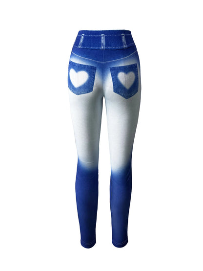 Women Love Fake Pocket Print Leggings High Waist Stretchy Jean Legging Fashion Casual Pencil Pants Yoga Fitness Slim Leggings