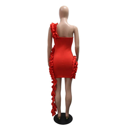 Sexy Dresses for Woman 2025 New Summer Red One Shoulder Ruffles Sheath Mini Length Elegant Ladies Evening Night Birthday Dress