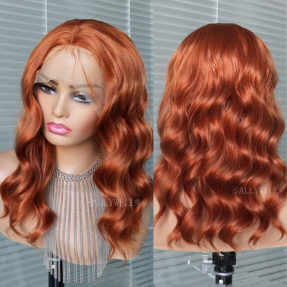 Ginger Orange 13*4 Lace Front Wigs Dark Orange Body Wave Synthetic Lace Front Wig for Women Pre Plucked Hairline Wig 14 Inch