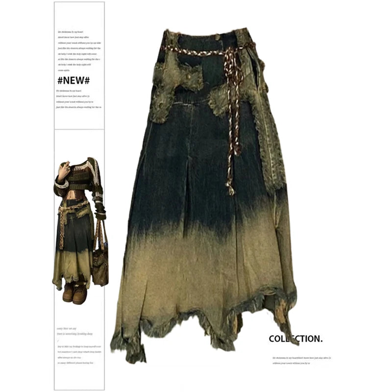 Women Denim Long Skirt Harajuku Y2k 2000s Vintage Skirts 90s Aesthetic Streetwear Fashion Korean Style A-Line Jean Skirt Clothes