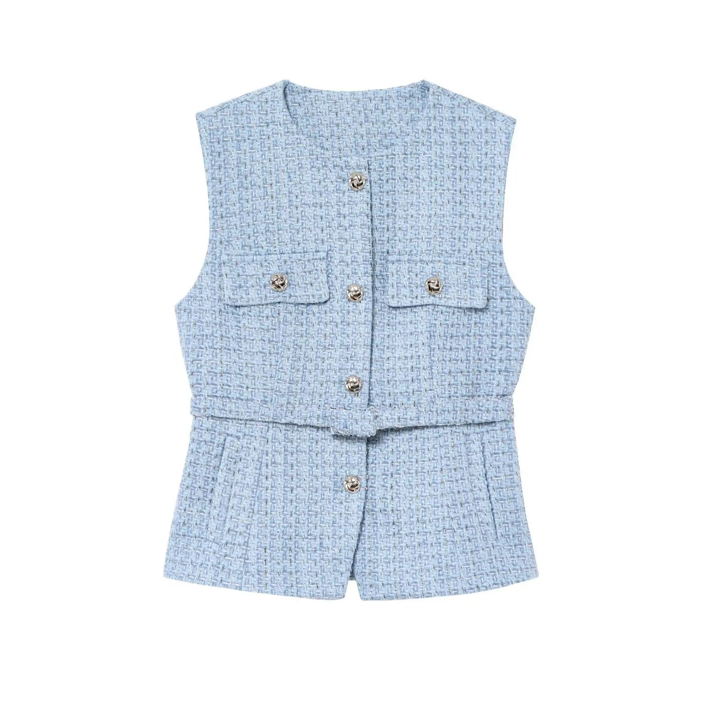 Women's Tweed Waistcoat With Belt, O Neck, Sleeveless, Front Button, Female Outerwear, Chic Tops, Fashion