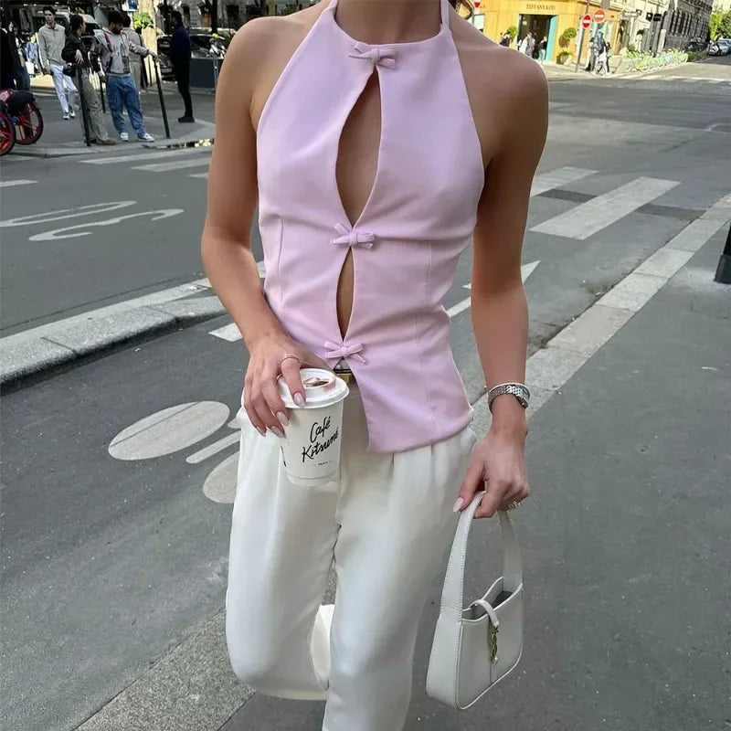 Bow Backless Vest Women Summer Sleeveless Halter Hollow Top Elegant Slim Skirt New Y2k Female Tanks Short Top Office