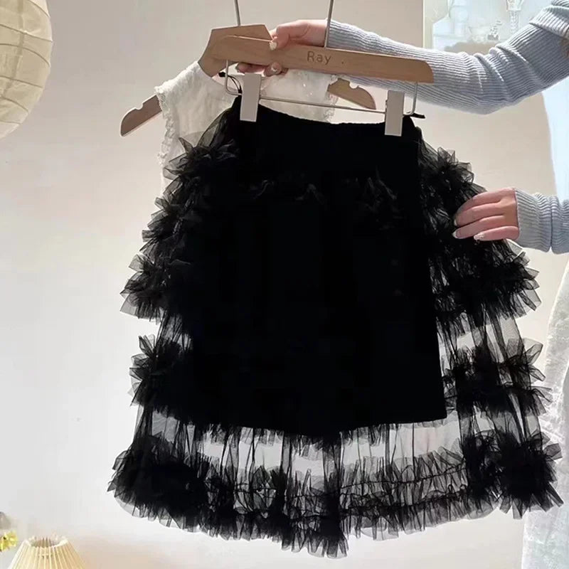 Skirts Sweet Girls Korean New Lace Flower Edge Vest Tops Mesh Yarn Tide Princess Half Length Skirt Tide 2024 Simple Fashion