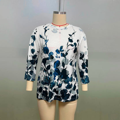 2024 Women Summer Tops Comfortable T Shirt Fashion Flower Print Round Neck 3/4 Sleeve Tops Soft Versatile Pullover Ropa De Mujer