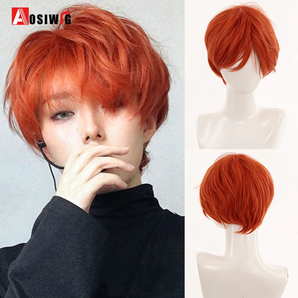 AOSIWIG  Short Curly Cosplay Men Boy Party Light Yellow Synthetic Heat Resistant Hair Wigs Men's Breathable Wig