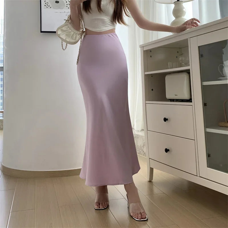 Satin Skirts for Women Korean Reviews Many Girls Clothes Women's 2025 Summer NEW High Waisted Mid Long Skirts Fashion women skir