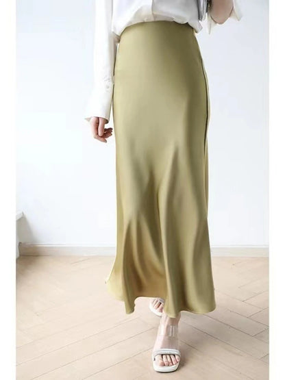 Long Skirts for Women High-waisted Thin Satin Acetate Silky Fishtail Skirt Korean Fashion Clothing Elegant Women's A-line Skirt