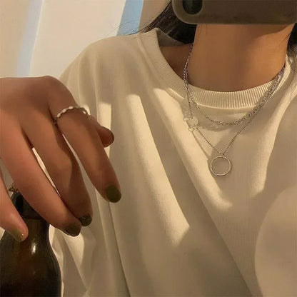 Geometric Circle Necklace for Women Fashion Hip-hop Double Layered Choker Collarbone Chains Niche Design Trendy Sweater Chain