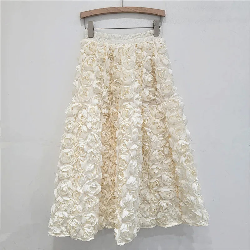 Skirt for Women 2025 Summer Versatile Three Dimensional Flower Mid-calf Skirt High Waist Big Swing Fashion A-line Long Skirts