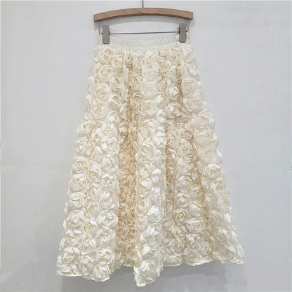 Skirt for Women 2025 Summer Versatile Three Dimensional Flower Mid-calf Skirt High Waist Big Swing Fashion A-line Long Skirts