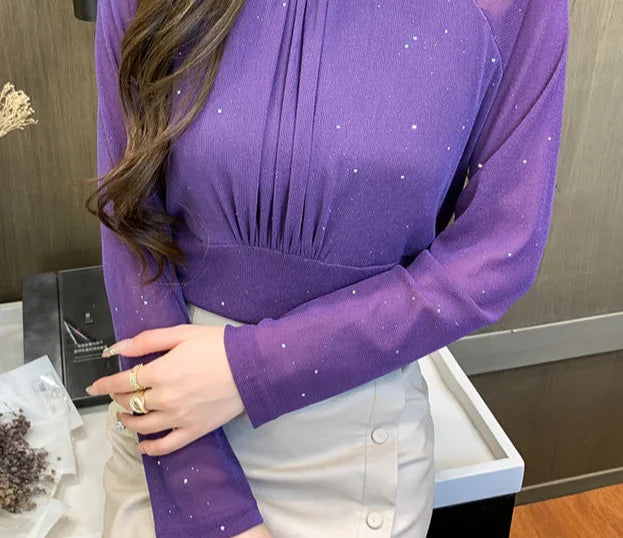 Tops Woman Autumn Winter Red Long Sleeve T Shirt for Women Rhinestone Turtleneck Glitter Sequin Cheap Clothes Elegant Clearance