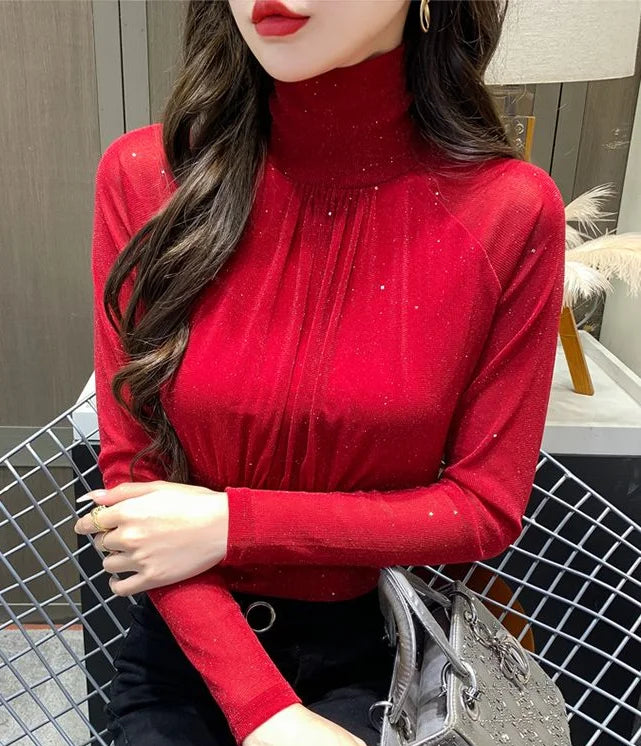 Tops Woman Autumn Winter Red Long Sleeve T Shirt for Women Rhinestone Turtleneck Glitter Sequin Cheap Clothes Elegant Clearance