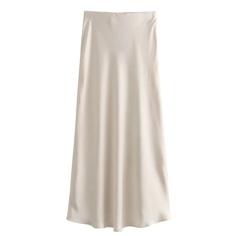 TRAF Women's Skirt Summer Elegant Satin Skirt Stylish Lady High Waist Skirts Cylinder Green Black Skirt Woman Office Street Wear