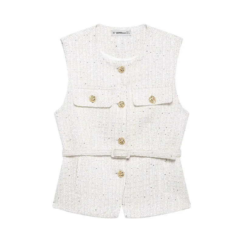 Women's Tweed Waistcoat With Belt, O Neck, Sleeveless, Front Button, Female Outerwear, Chic Tops, Fashion