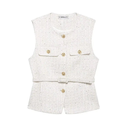 Women's Tweed Waistcoat With Belt, O Neck, Sleeveless, Front Button, Female Outerwear, Chic Tops, Fashion