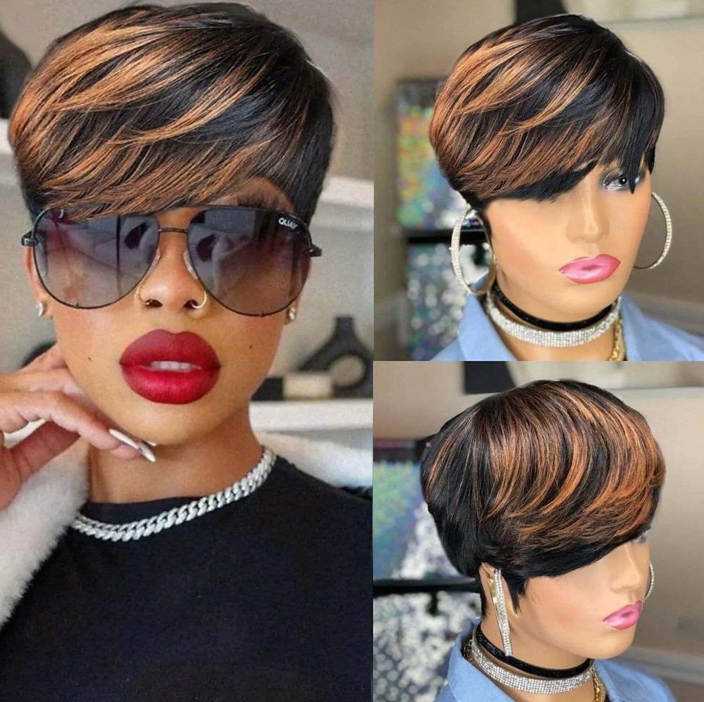 WIGERA  Highlight Synthetic Wigs Short Straight  Pixie Cut Hair Bob Wig Honey Gold Mix Black  Hair For Woman