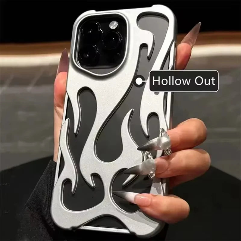 Fashion Plating 3D Hollowed Flame Phone Case For iPhone 16 15 14 13 12 11 Pro Max Fundas Creative Electroplated Soft Back Cover