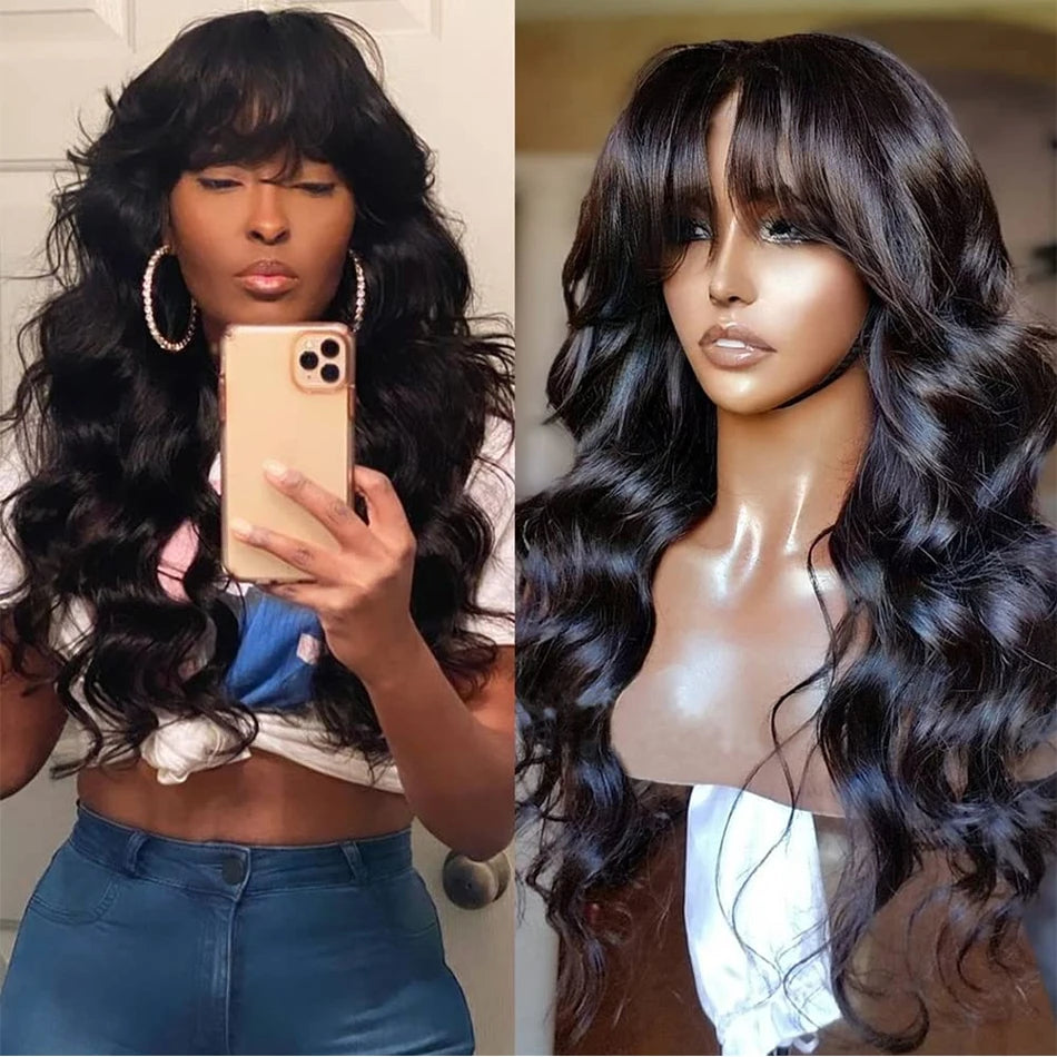 Body Wave Wig With Bangs Human Hair Ready to Go Glueless Wigs None Lace Front Wigs 180% Brazilian Virgin Hair Machine Made Wig