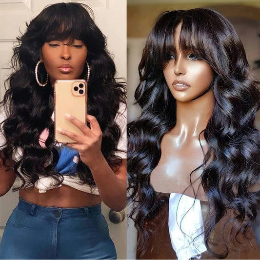 Body Wave Wig With Bangs Human Hair Ready to Go Glueless Wigs None Lace Front Wigs 180% Brazilian Virgin Hair Machine Made Wig