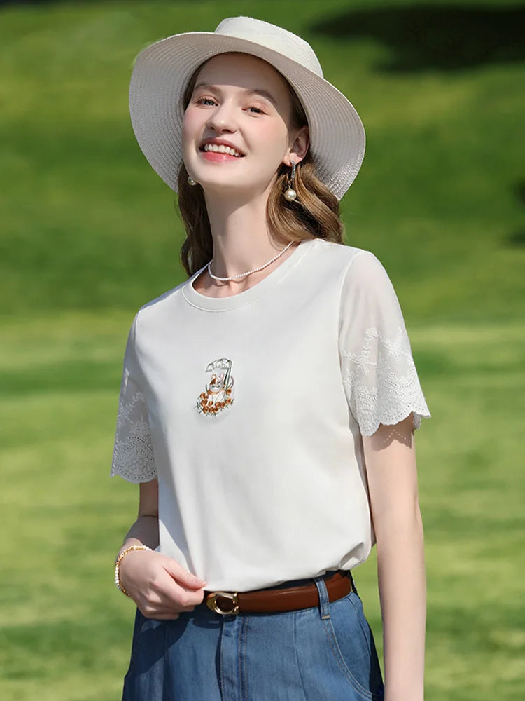 I BELIEVE YOU Top For Women 2025 New Summer T-shirt White O-Neck Studded Beads Embroidery Splicing Commuting T-shirt 2252016014