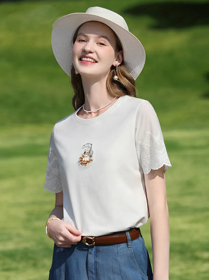 I BELIEVE YOU Top For Women 2025 New Summer T-shirt White O-Neck Studded Beads Embroidery Splicing Commuting T-shirt 2252016014