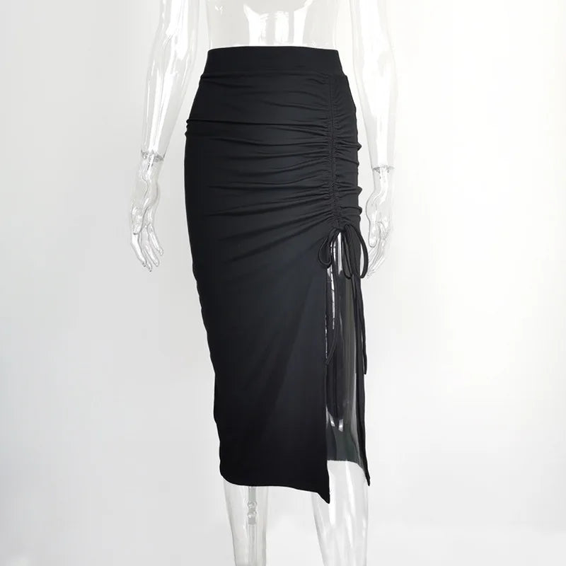 Women Sexy Slim Slit Irregular Skirt Elastic High Waist Pleated A-Line Skirt Summer American Retro Solid Long Shirring Skirts