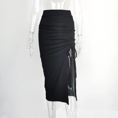 Women Sexy Slim Slit Irregular Skirt Elastic High Waist Pleated A-Line Skirt Summer American Retro Solid Long Shirring Skirts