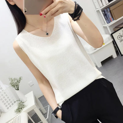 Top women Summer V Neck Hollow Knitted Vest Sleeveless Casual Tank Blusas Tops Sheer Mesh Patchwork T Shirt Bottom Camisole 2019
