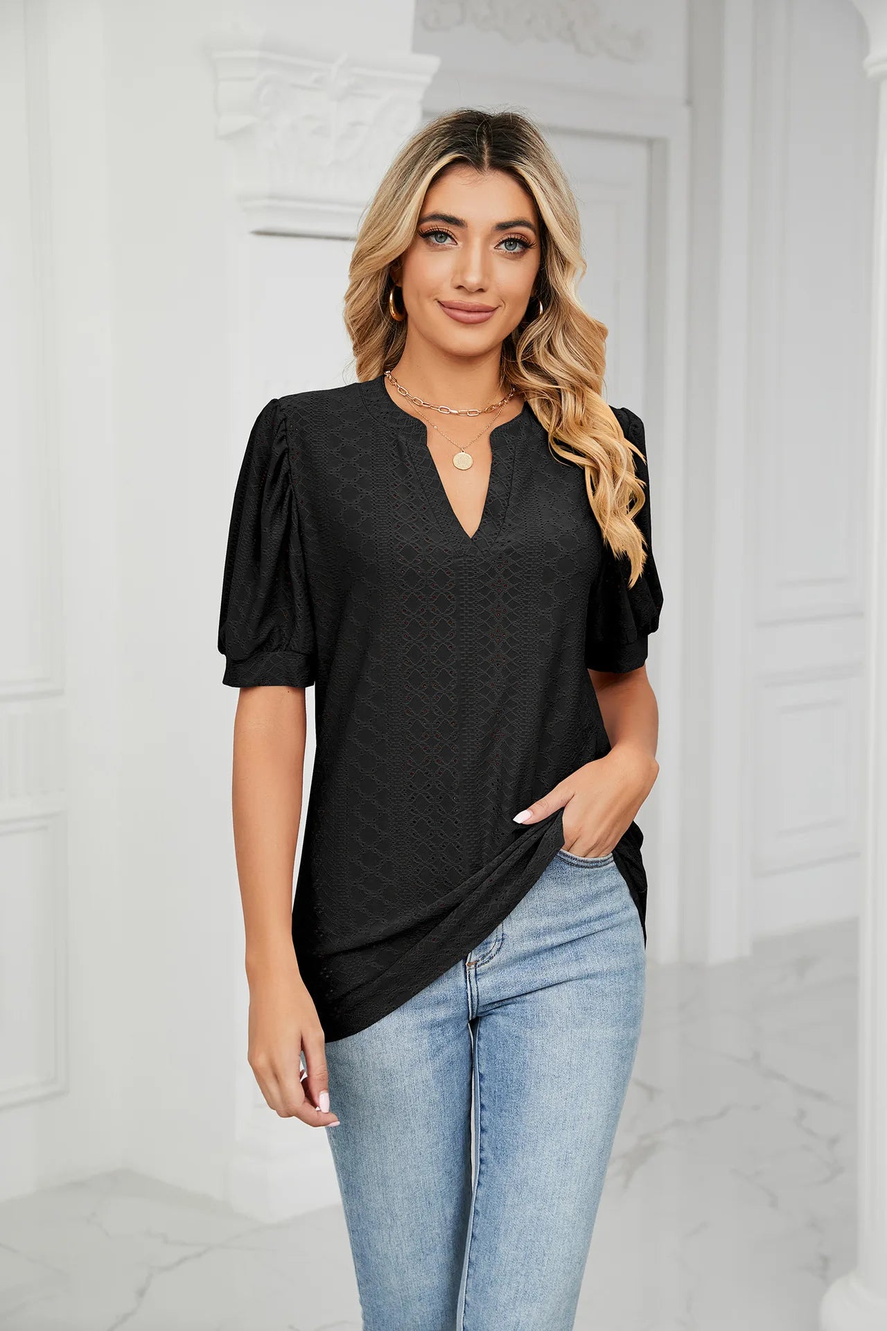 Womens Tops V Neck Ruffle Sleeve Blouses Short Sleeve Casual Tops T-Shirts for Women Autumn Winter