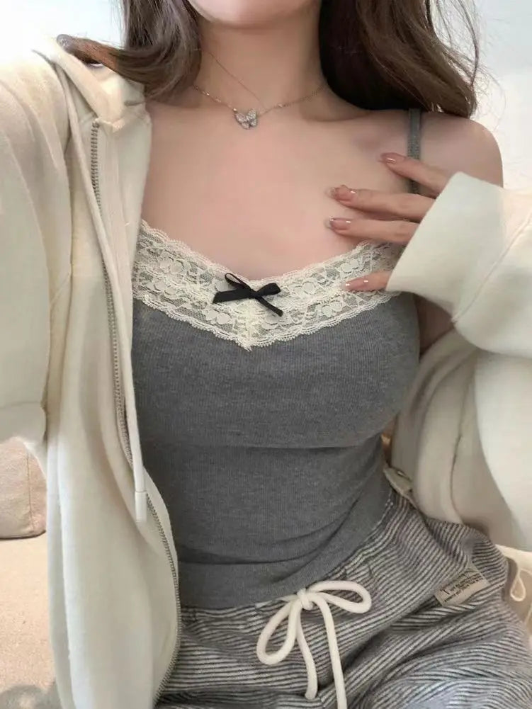 Women Camisole Tank Tops Sexy Bow Sleeveless Corset Top with Chest Pad Sweet Lace Patchwork Crop Tops Summer Slim Elegant Camis