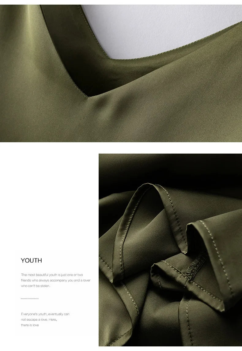 Woman T-shirts Elegant SILK Satin Blouse Sleeveless Female Summer 2023 Casual Loose Tanks and Camis Solid Green Tops for Women