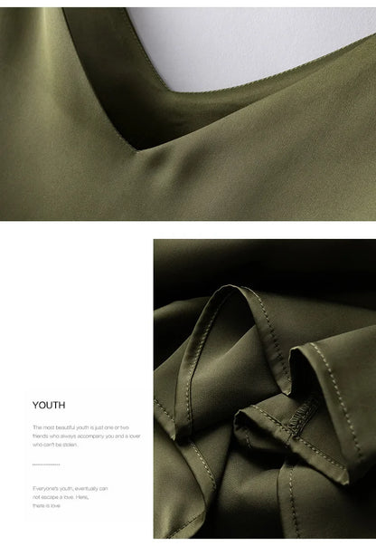 Woman T-shirts Elegant SILK Satin Blouse Sleeveless Female Summer 2023 Casual Loose Tanks and Camis Solid Green Tops for Women