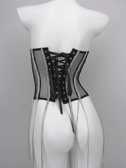Women Tunic Bras In Waist Corset Tops Fashion Diamond Luxury Diamond Tassel Corset Slim Vest Sexy Tmesh Sheer Top Female 2025