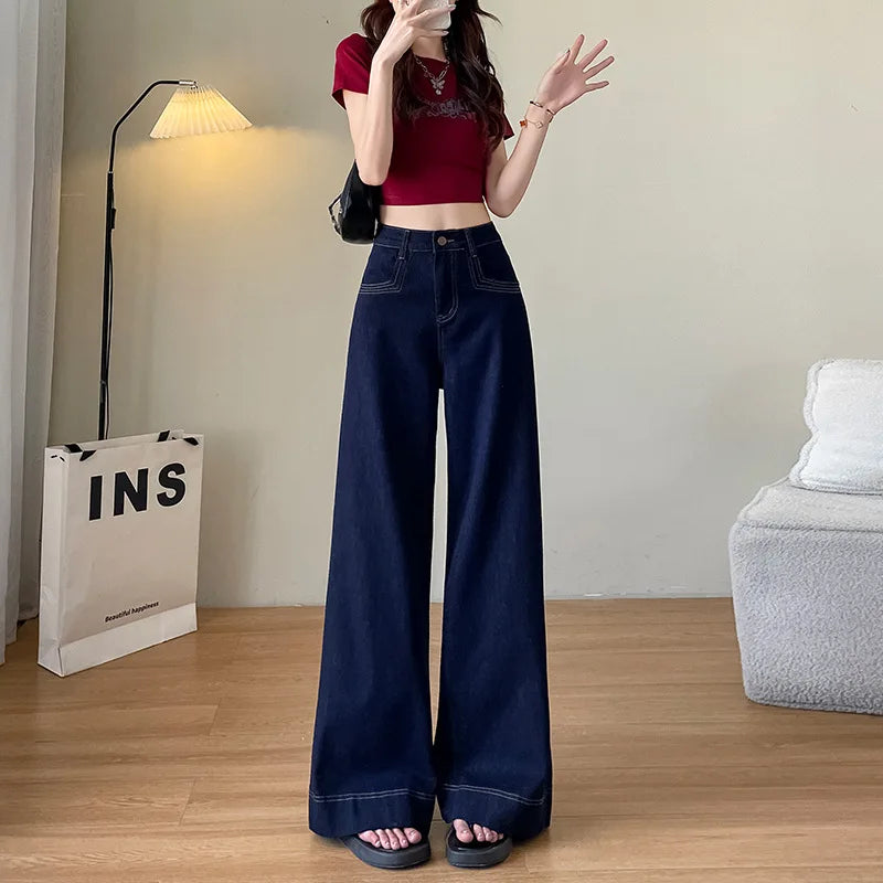 Women's New Jeans Dark Blue Wide Leg Loose Jeans Female Spring and Fall New High-Waisted Loose Straight Jeans Wide Leg Pants
