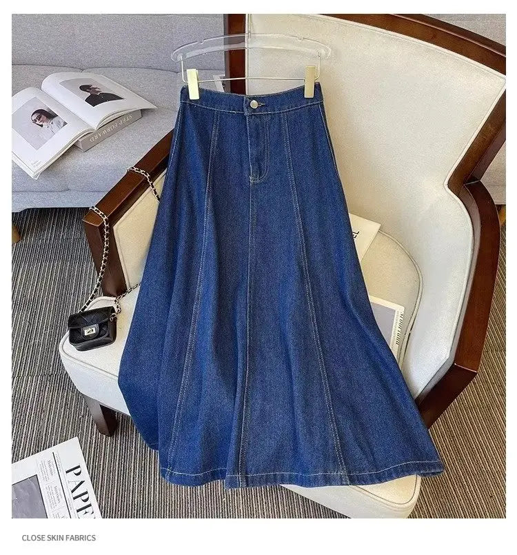 Denim Skirt For Women 2025 New High Waisted A-line Umbrella Skirt Versatile  Spring  Summer Elastic Waist Long Jean Skirt