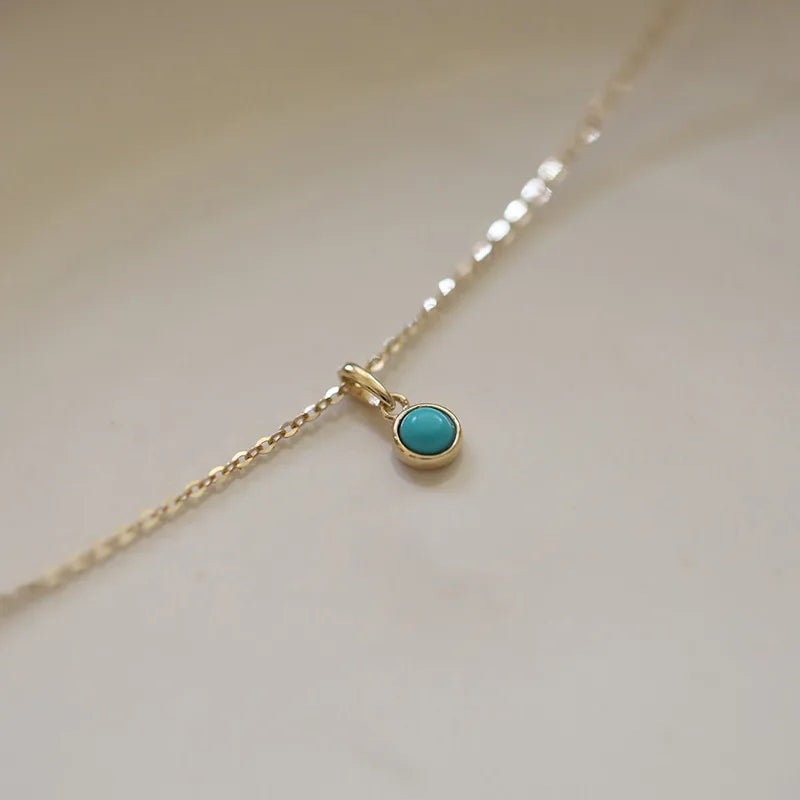 Retro 925 Sterling Silver 14k Gold Plated Necklace for Women Blue Turquoise Mini Geometric Round Pendant Clavicle Chain