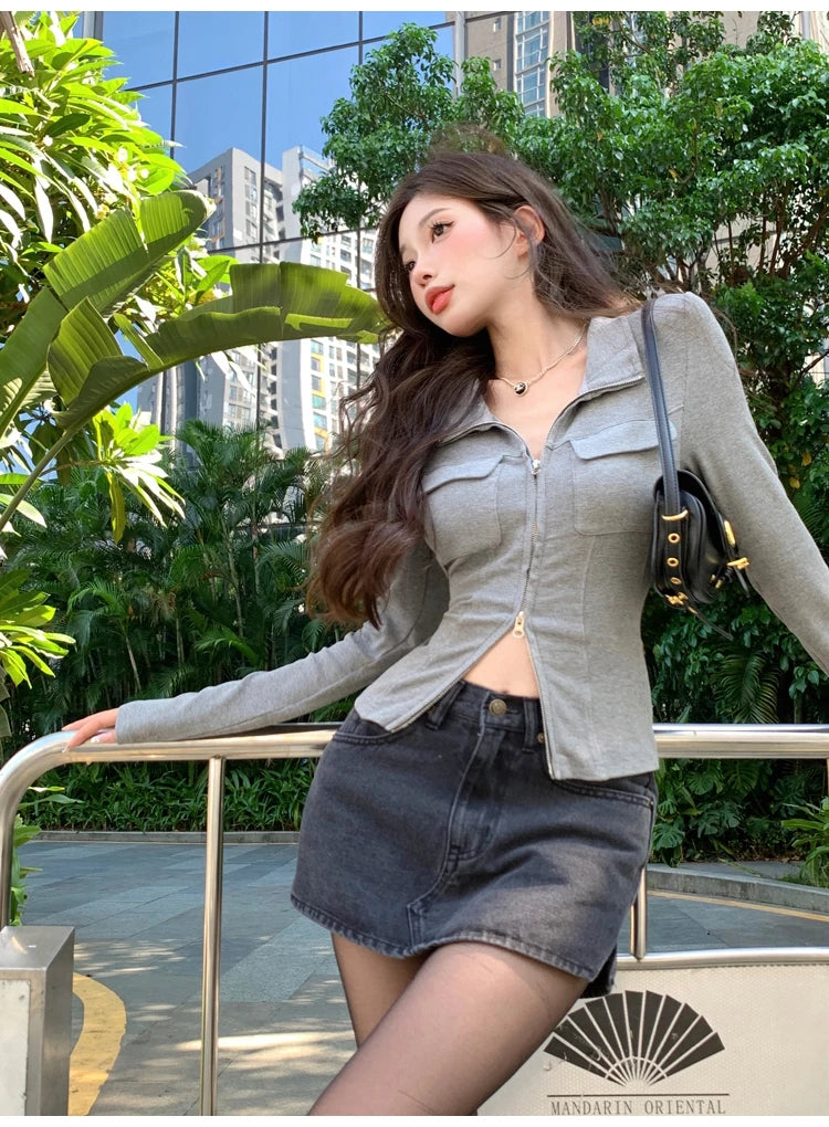 Women T-shirt Spring Autumn Clothes Ribbed Knitted Long Sleeve Short Tops Zipper Design Tee Sexy Female Slim Tops