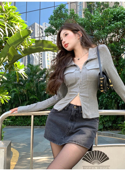 Women T-shirt Spring Autumn Clothes Ribbed Knitted Long Sleeve Short Tops Zipper Design Tee Sexy Female Slim Tops