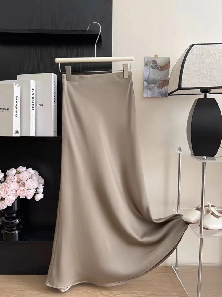 Long Skirts for Women High-waisted Thin Satin Acetate Silky Fishtail Skirt Korean Fashion Clothing Elegant Women's A-line Skirt