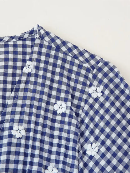 Women's Tops New Summer 2025 Small Check Tops Embroidered Trims Sexy Deep V-Neck Casual Fashion Versatile Personality