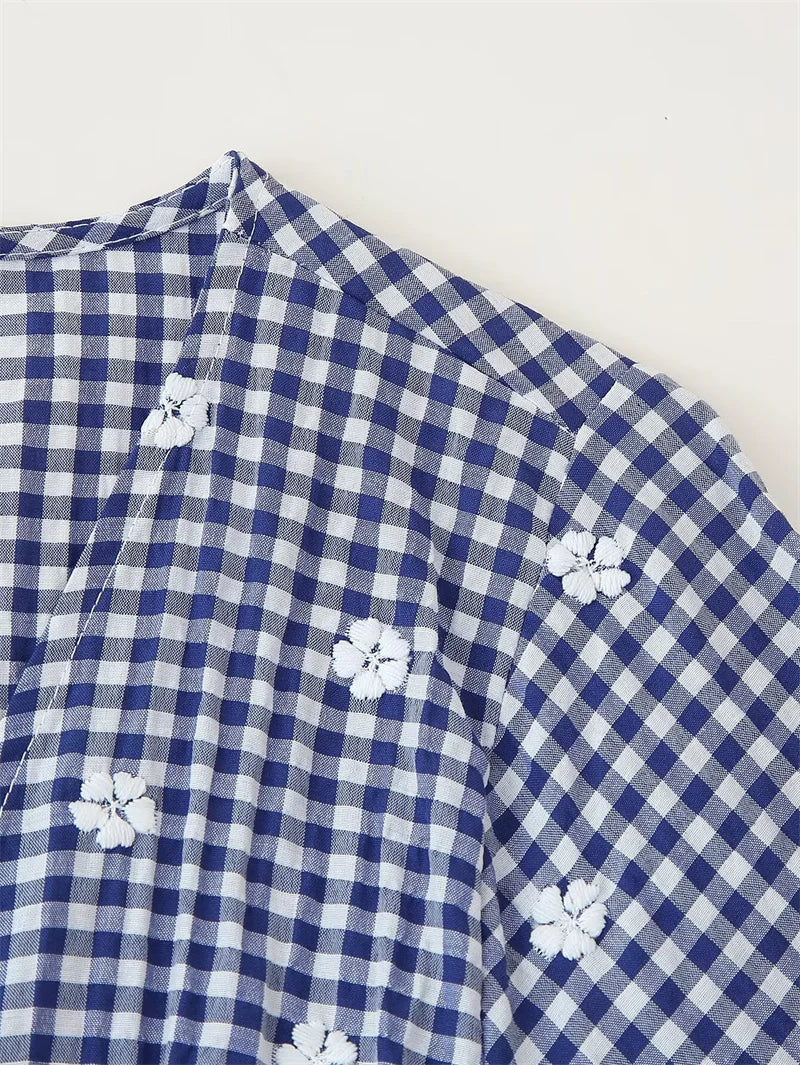 Women's Tops New Summer 2025 Small Check Tops Embroidered Trims Sexy Deep V-Neck Casual Fashion Versatile Personality