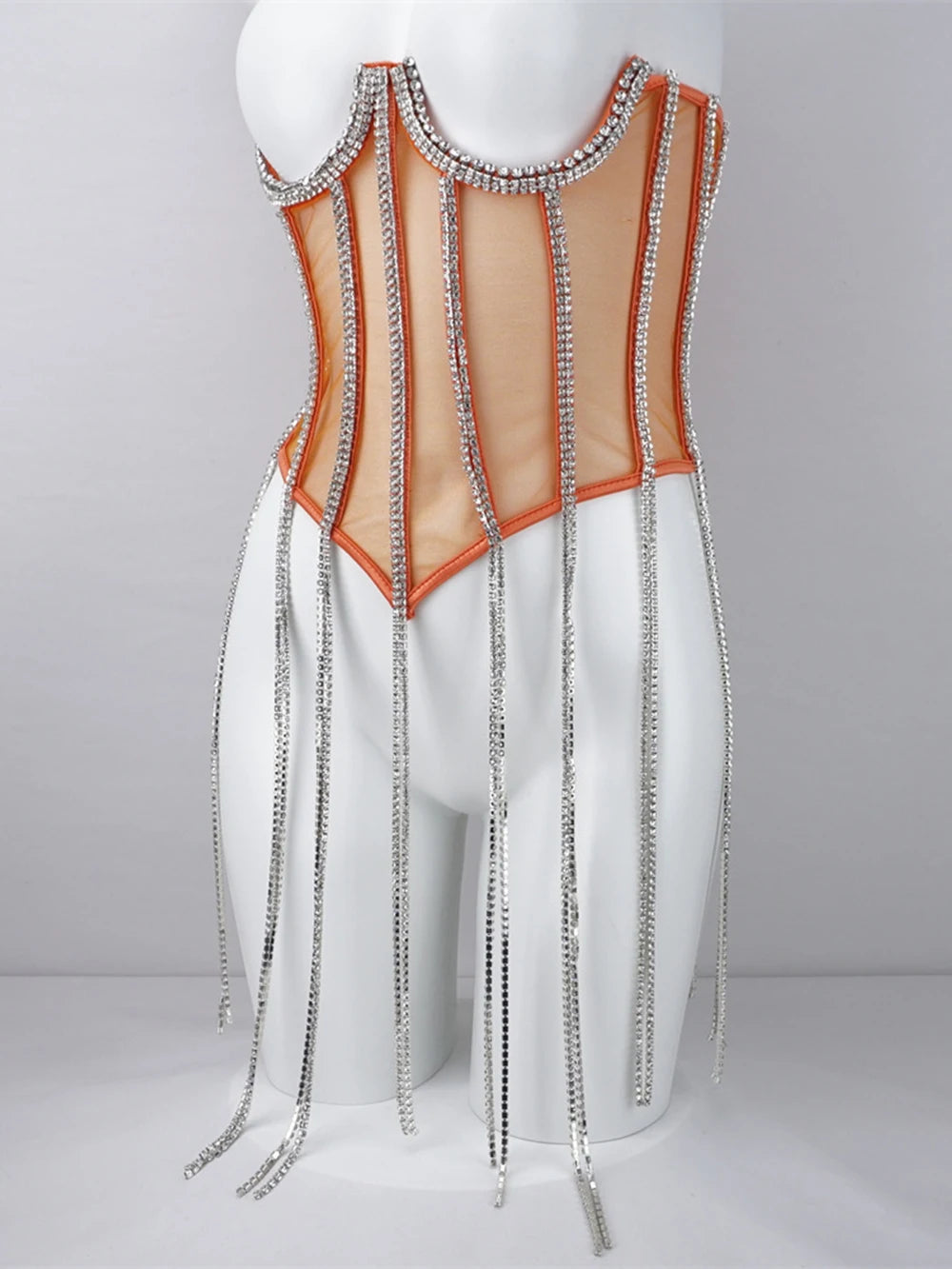 Women Tunic Bras In Waist Corset Tops Fashion Diamond Luxury Diamond Tassel Corset Slim Vest Sexy Tmesh Sheer Top Female 2025