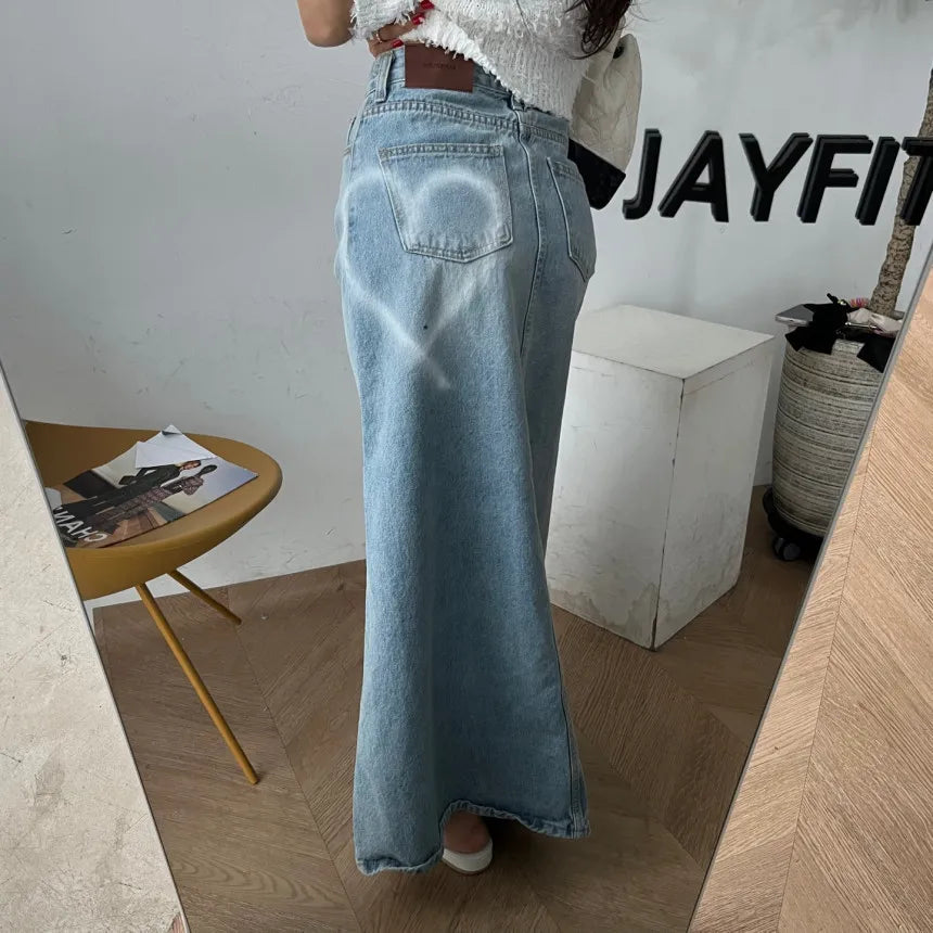 Long Denim Skirt Women 2024 Summer New Arrivals Heart Pattern High Waist A Line Jean Skirt For Women Streetwear Maxi Skirts