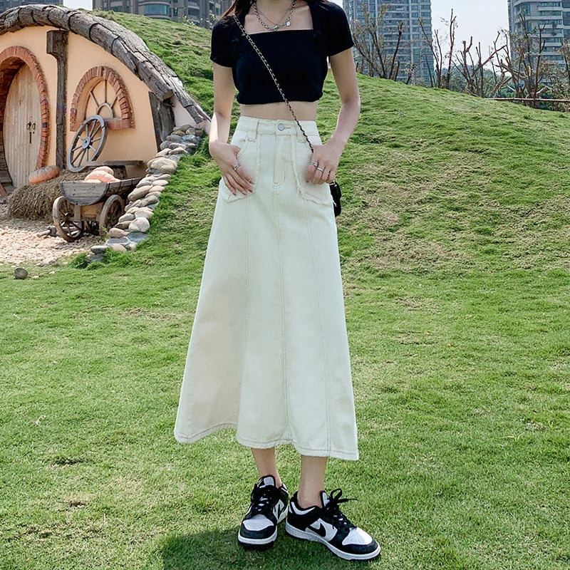 Apricot Denim Skirt Summer Women's 2024 New High Waist Slim Fashion Design Pocket Hip A-line Ankle-length Jean Skirt