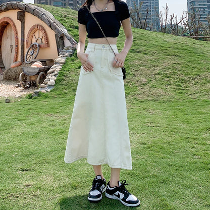 Apricot Denim Skirt Summer Women's 2024 New High Waist Slim Fashion Design Pocket Hip A-line Ankle-length Jean Skirt
