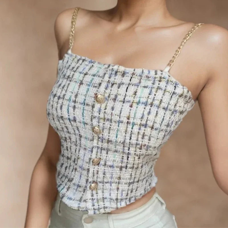 Women Summer Tweed Chain Chic Tank Tops Buttons Off Shoulder with Bra Pad Crop Tops Pleated Sexy Backless Sleeveless Sweet Camis