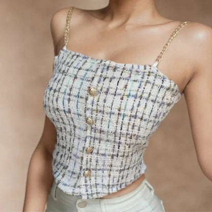 Women Summer Tweed Chain Chic Tank Tops Buttons Off Shoulder with Bra Pad Crop Tops Pleated Sexy Backless Sleeveless Sweet Camis