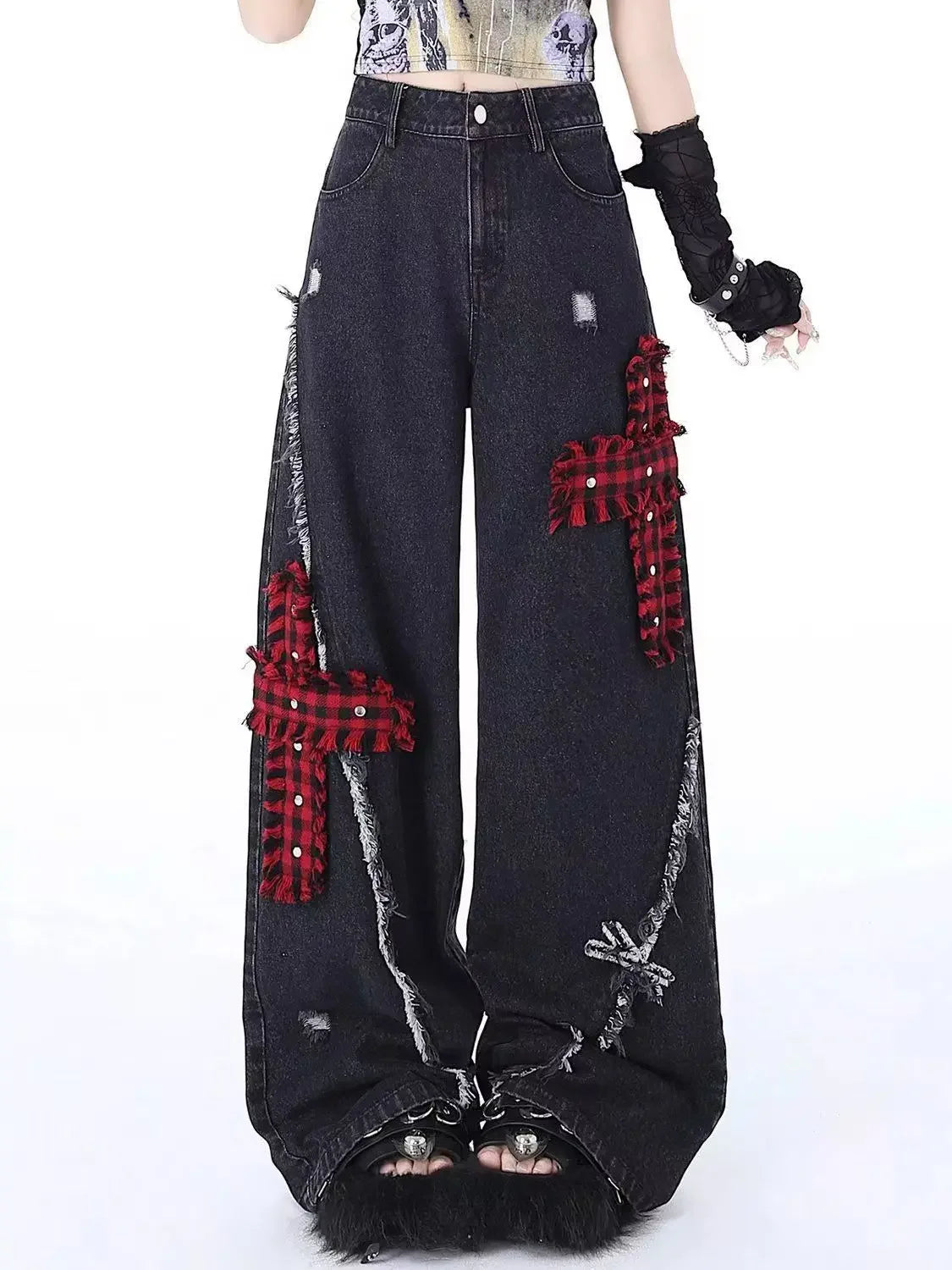 Women Clothing Black Gothic Jeans Pink Cross Y2k Oversize Loose Aesthetic Denim Trousers Harajuku Korean 2000s Jean Trashy Pants