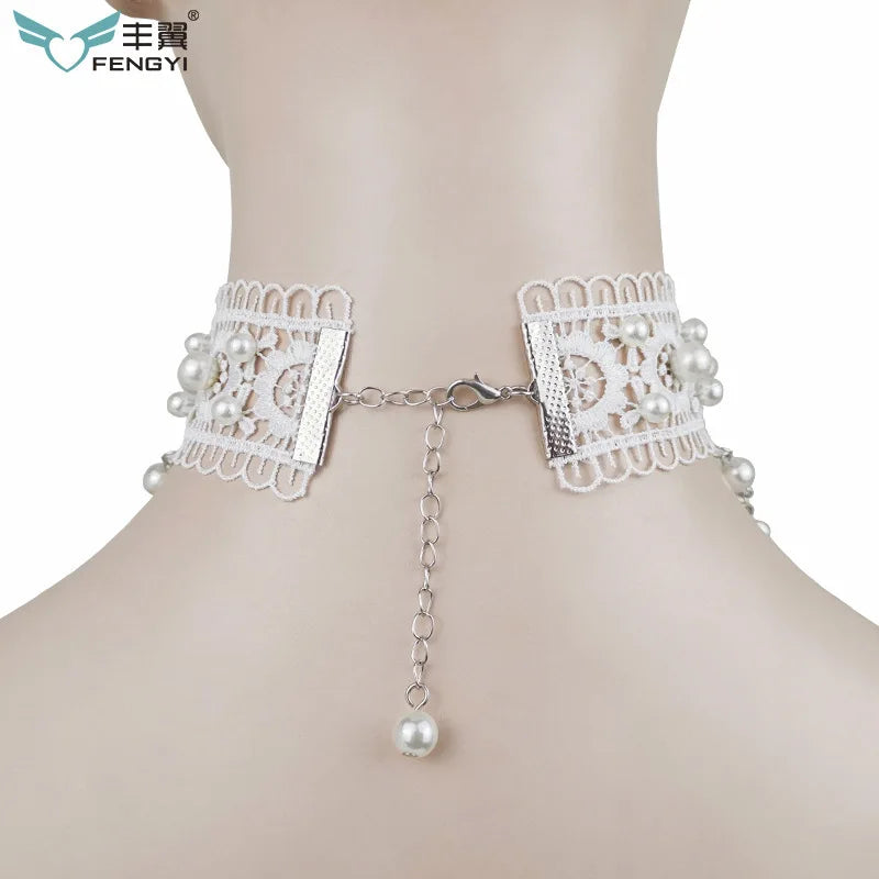 White Necklace Pearl Lace Women Fashion Necklace Earrings lolita Accessories